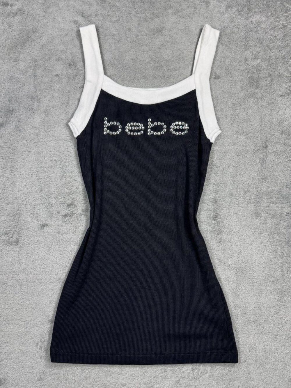 Y2K 2000s Bebe Rhinestone Logo Black Fitted Tank Top White Trim Ribbed McBling